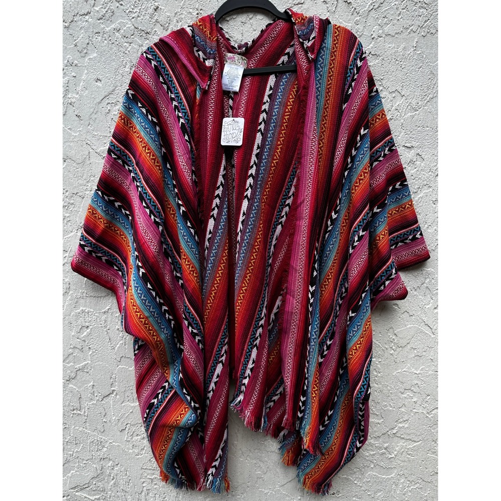Free People Ocean Sunrise Hoodie Poncho  Woven Striped Fringe Open Front Kimono